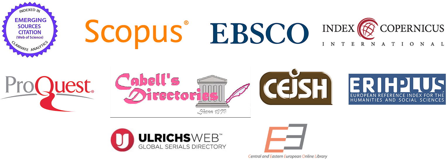 Databases logos: Cabell’s Directories, CEJSH, EBSCO, CEEOL, ProQuest, Ulrich’s Periodicals Directory, Index Copernicus, ERIH PLUS, SCOPUS a Web of Science (ESCI).